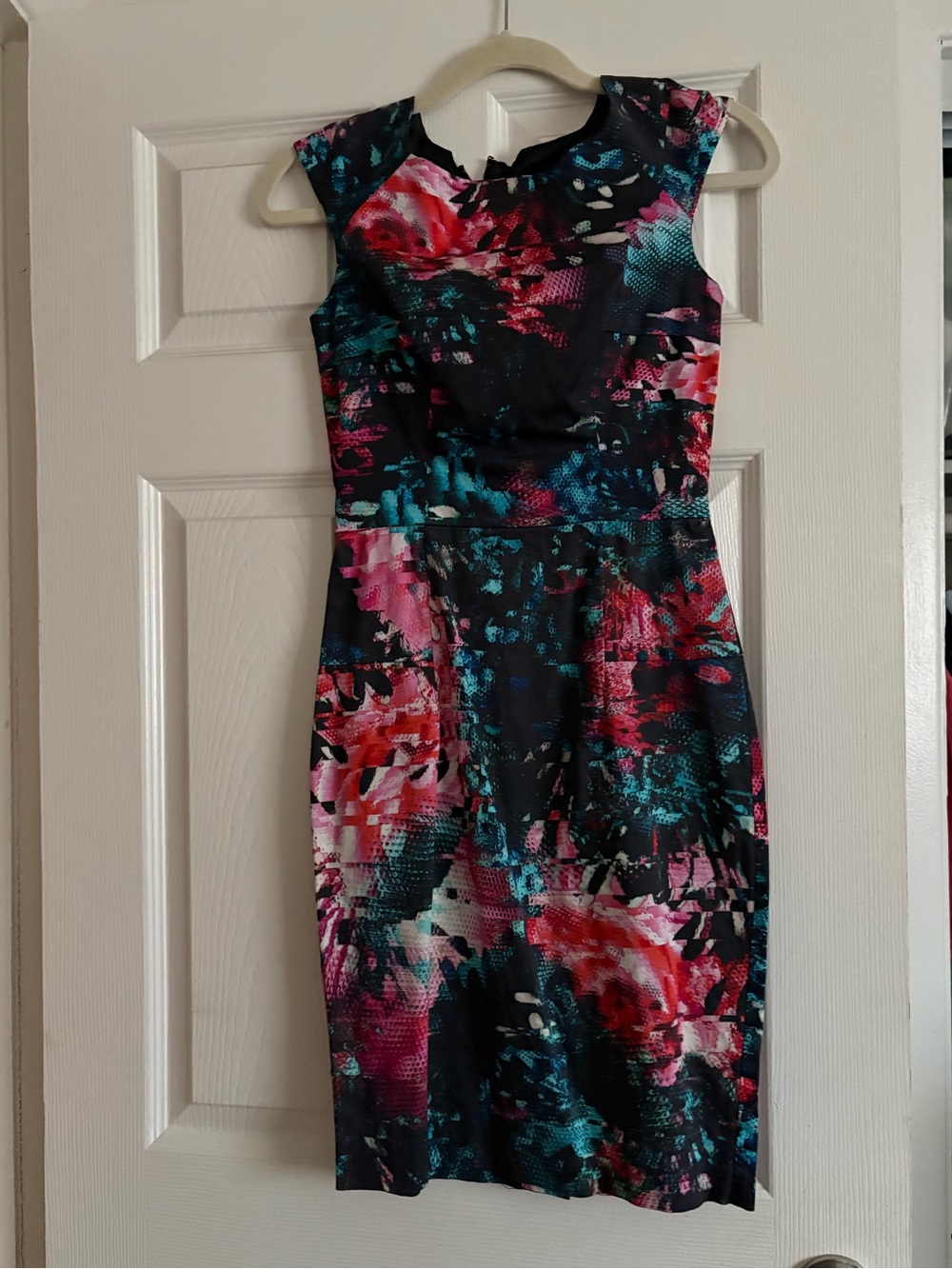 French Connection Black Floral-Abstract Midi Dress with Pink & Teal Accents